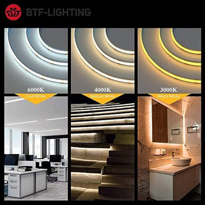 BTF-LIGHTING FCOB COB LED Strip Natural White 4000K Flexible High Density Uniform Light Dimmable LED Strip Light CRI90+ 10M 528LEDs DC24V 14W/m Bendable LED Ribbon for DIY Indoor Lighting Projects