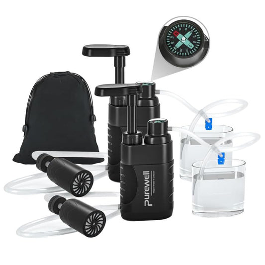 Purewell Water Purifier Pump with Replaceable Carbon 0.01 Micron Water Filter, 4 Filter Stages, Portable Outdoor Emergency and Survival Gear - Camping, Hiking, Backpacking(2PCS)