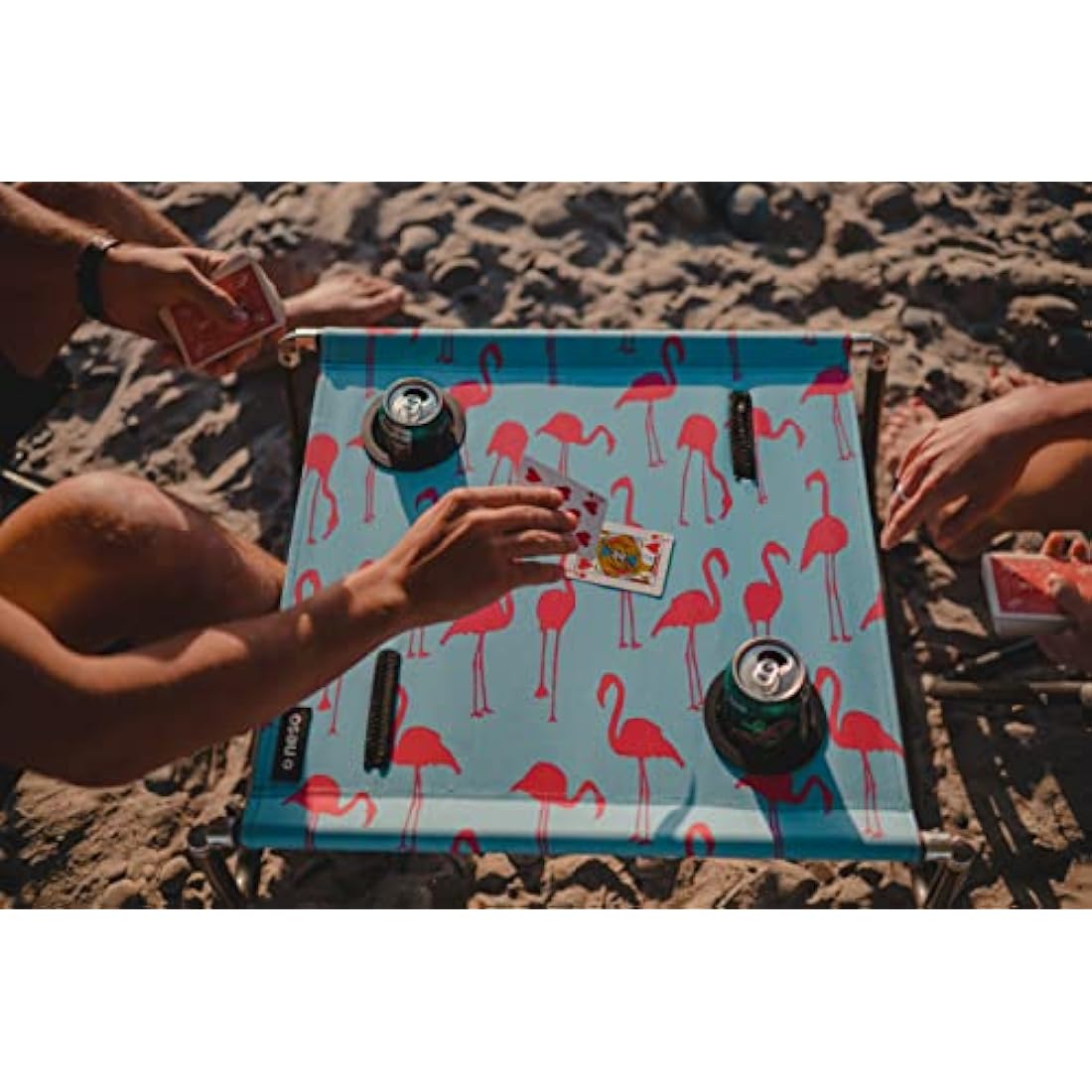 Neso Portable Beach Table with Cup Holders, Cell Phone Pockets, Lightweight for Picnics and Parks (Flamingos)