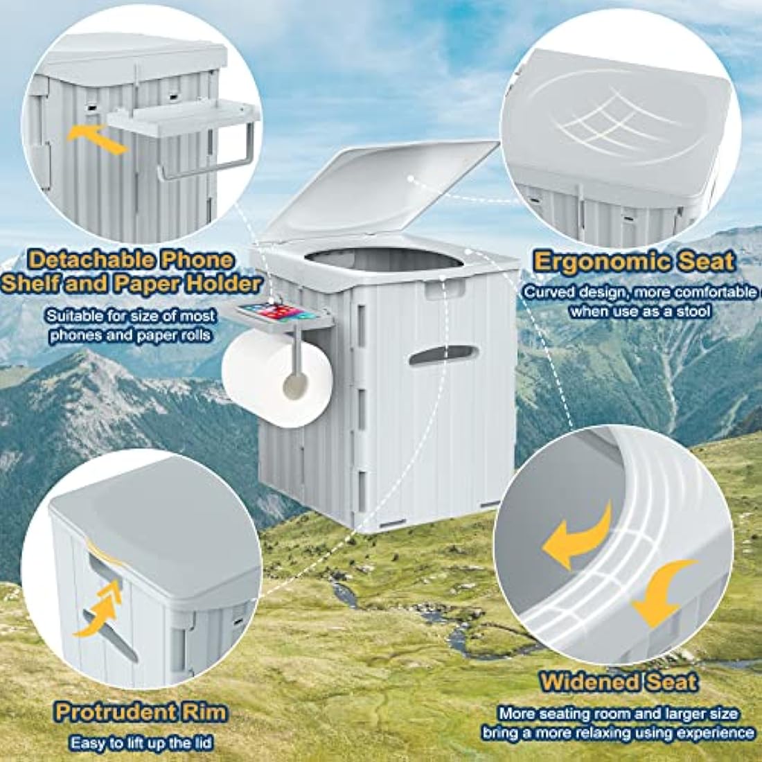 WADEO Extra-Large Camping Foldable Toilet, Heavy-Duty Portable Potty for Adults with Bigger Comfortable Seat & Sturdy Support, Travel WC for Heavy People, Big Guy, Elderly