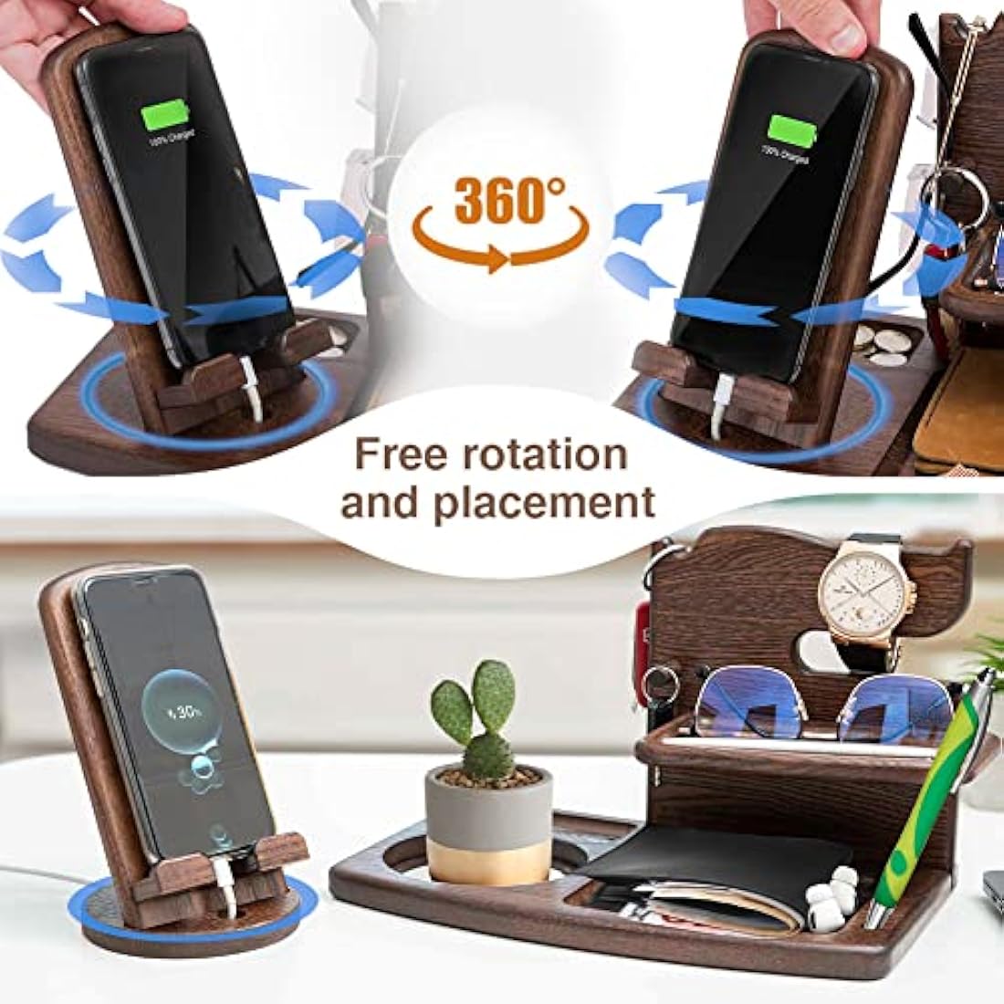 Gifts for Men Bedside Organiser Wood Phone Docking Station Dad Birthday Gifts for Him Nightstand Key Wallet Watch Stand Mens Gifts for Xmas Presents for Dad Husband Boyfriend Anniversary & Christmas
