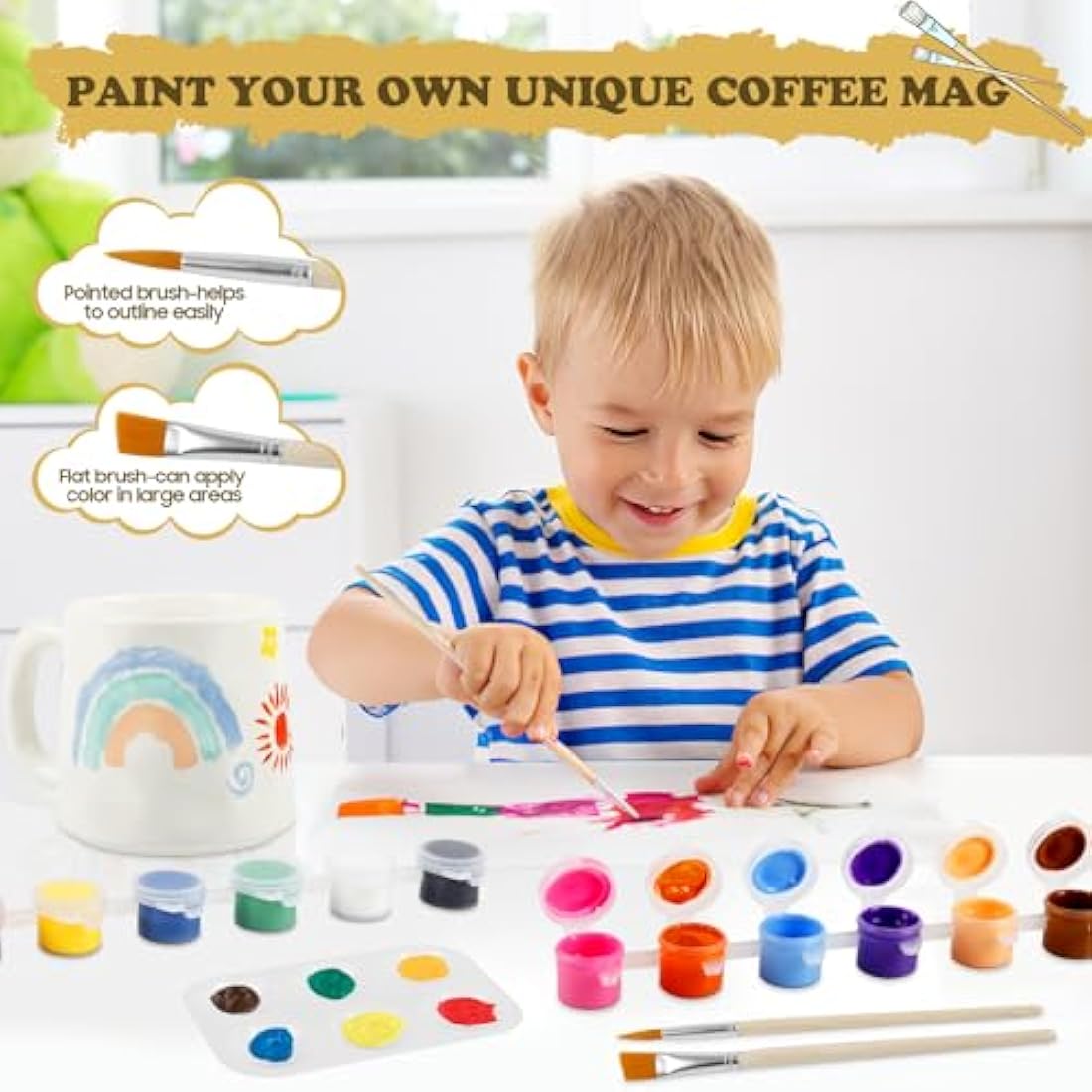 Paint Your Own Mug Set, Pottery Painting Kit for Adults, Art and Crafts Kit Includes Mugs, Brushes, Paints and Painting Inspiration Guide, Personalised Gift for All（2 Pack）