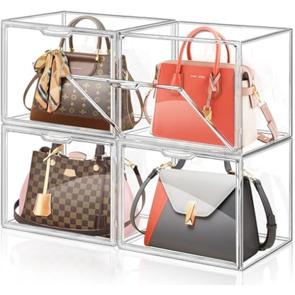 Giyiprpi 4 Packs Plastic Purse Storage Organizer for Closet, Clear Display Case for Purse and Handbag, Stackable Storage Boxes Organizer with Magnetic Door for Wallet Book Cosmetic Toys Display
