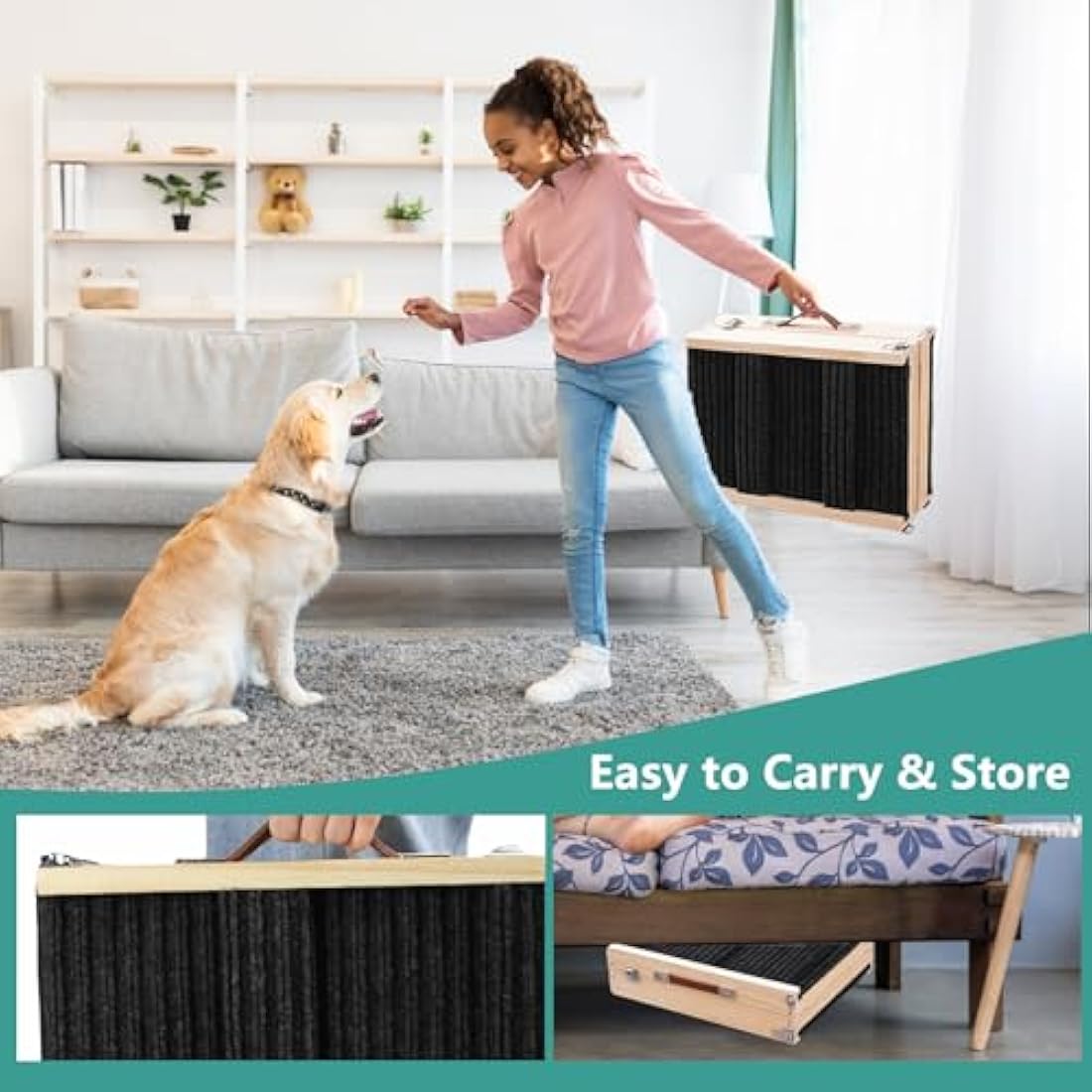 Umtiti Wooden Folding Portable Pet Ramp. 4 Levels Adjustable 9" to 17.3" with Non-Slip 5 Paw Traction Mat for Small Medium Doggie.Dog Ramps-BK,UK