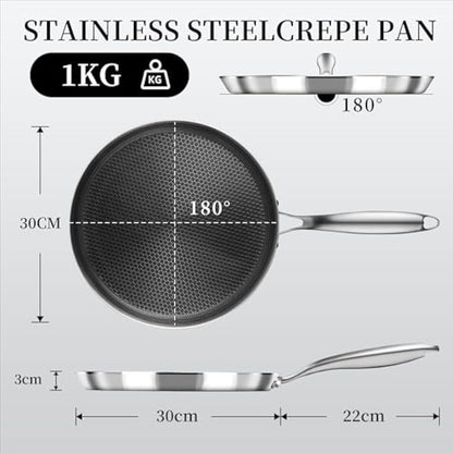 Innerwell Stainless Steel Crepe Pan 30 cm, Nonstick Stainless Steel Honeycomb Coating Pancake Pan, Non Stick Flat Skillet Tawa Dosa Tortilla Griddle Pan, Induction Compatible, PFOA Free