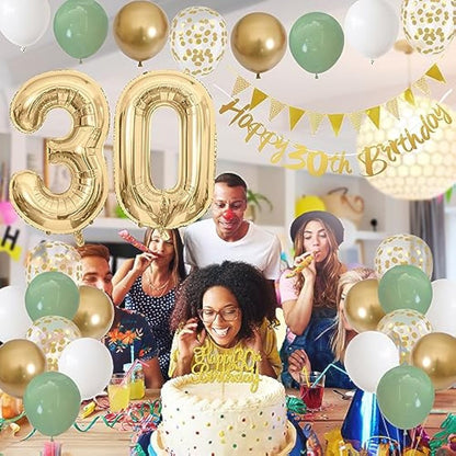 30th Birthday Decorations for Women Men, Happy Banner With Cake Topper Number 30 Foil Balloon, Sage Green White Gold Balloons for 30 Year Old Party Decoration