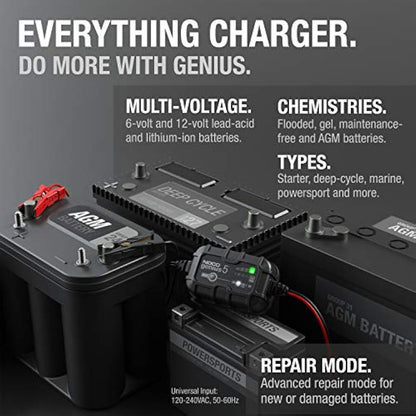 NOCO GENIUS5: 5A 6V/12V Smart Battery Charger – Automatic Maintainer, Trickle Charger & Desulfator with Overcharge Protection & Temperature Compensation – For Lead-Acid & Lithium Batteries