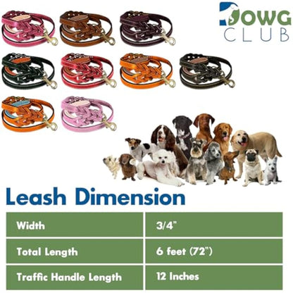 DowgClub | 6' Genuine Leather Dog Leash | Heavy Duty, Handmade, Braided, Strong | Medium, Large, X-L Dogs | Dual Handle Design D Ring | Padded & Traffic | Black, Brown, Cherry, Tan (6 feet, Tan))