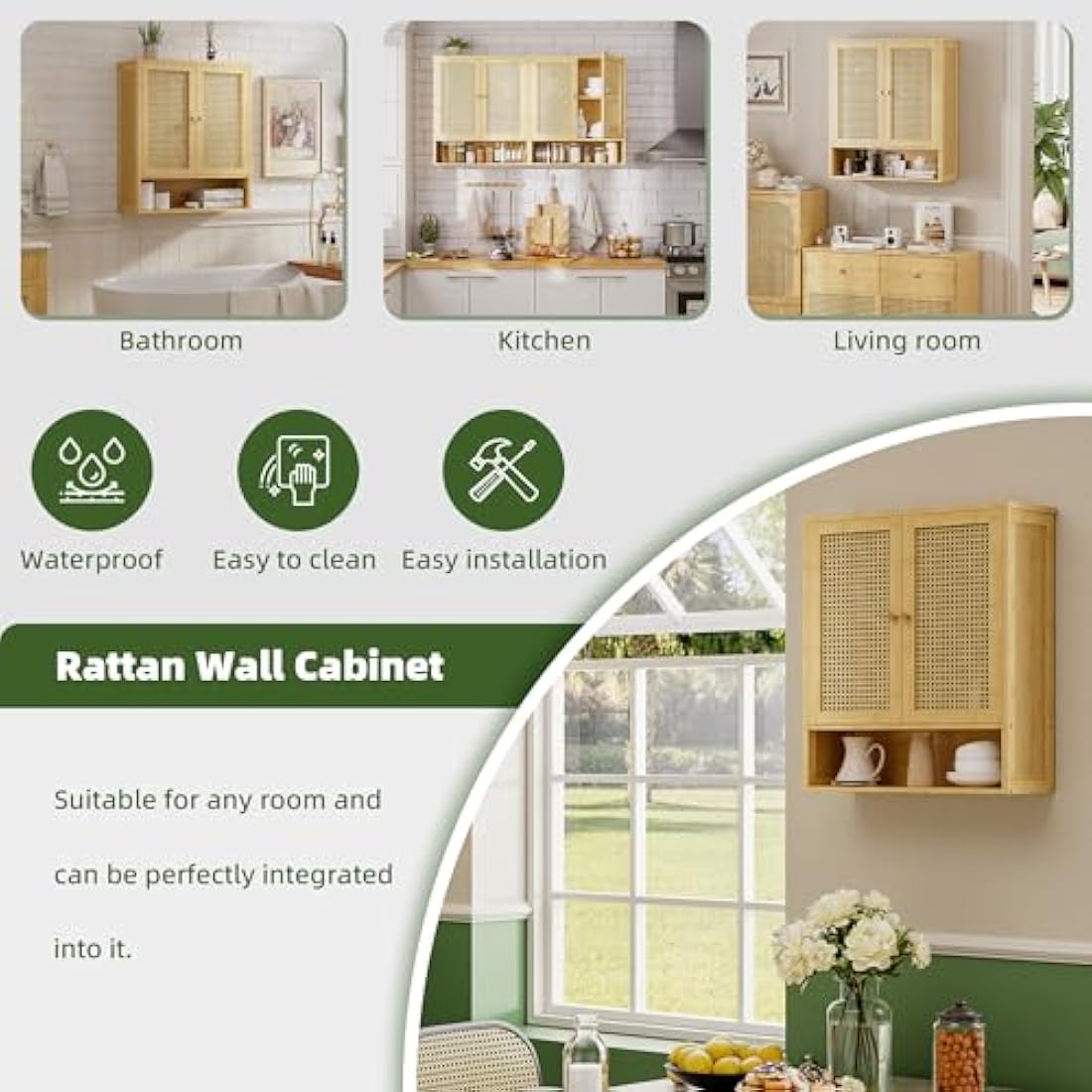 vovala Bathroom Wall Cabinet, Bamboo Over-The-Toilet Storage Organizer with 2 Rattan Doors and Adjustable Shelf, Space Saver Medicine Cabinet for Laundry, Kitchen, Living Room (Natural)