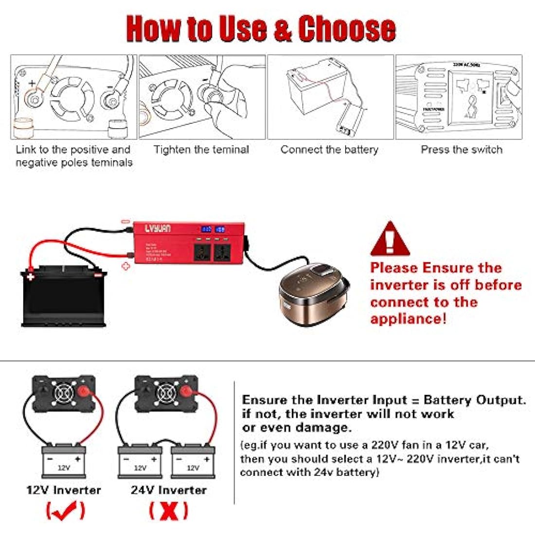 Cantonape Power Inverter 1000W/2000W (peak) DC 12V to AC 230V 240V Converter with 4 USB Interfaces 3 Universal sockets Cigarette Lighter Adapter in Car Crocodile Clip