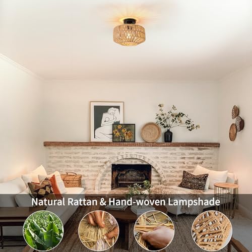 FORCOSO Rattan Ceiling Light, Boho Lamp with Natural Rattan Lampshade, E27 Vintage Chandelier Wicker Light Shade Fitting, Rustic Bamboo Lamp Fixtures for Living Room Bedroom Dining Kitchen Hallway