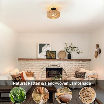 FORCOSO Rattan Ceiling Light, Boho Lamp with Natural Rattan Lampshade, E27 Vintage Chandelier Wicker Light Shade Fitting, Rustic Bamboo Lamp Fixtures for Living Room Bedroom Dining Kitchen Hallway