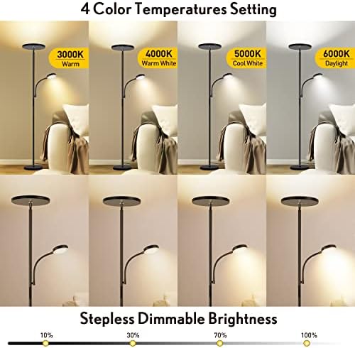 OUTON LED Floor Lamp with Reading Lamp, Mother/Father Parent & Child Uplighter and Spotlight Design, Dimmable Standing Lamp, Remote & Touch Control for Living Room Bedroom Office, Black