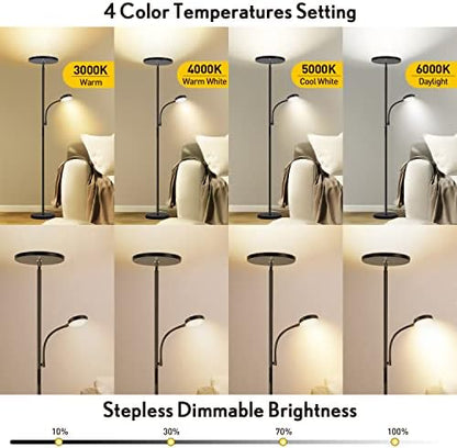 OUTON LED Floor Lamp with Reading Lamp, Mother/Father Parent & Child Uplighter and Spotlight Design, Dimmable Standing Lamp, Remote & Touch Control for Living Room Bedroom Office, Black
