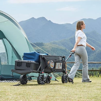 TIMBER RIDGE Festival Trolley 300L with Brakes, Folding Beach Trolley Cart with Tailgate, 135kg Collapsible Wagon Detachable Wide Wheels & Adjustable Handle for Outdoor Camping Garden, Grey