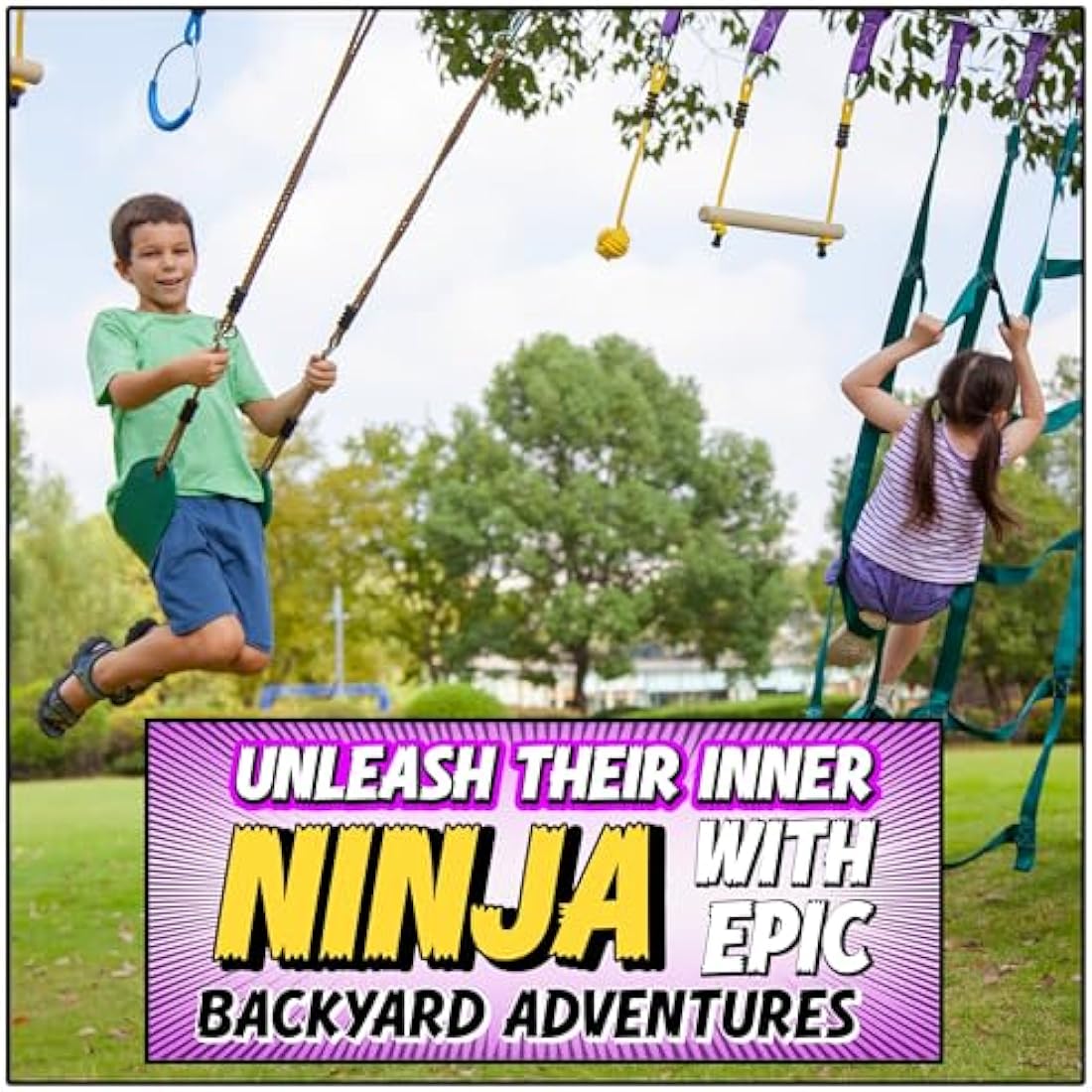 Ninja Warrior Obstacle Course for Kids Workout Equipment, 2 x 55ft Slacklines with 10 Weatherproof & Durable Obstacles - Cargo Net, Rope Ladder & More - Ninja Course for Kids Outside