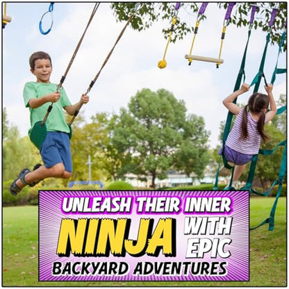Ninja Warrior Obstacle Course for Kids Workout Equipment, 2 x 55ft Slacklines with 10 Weatherproof & Durable Obstacles - Cargo Net, Rope Ladder & More - Ninja Course for Kids Outside