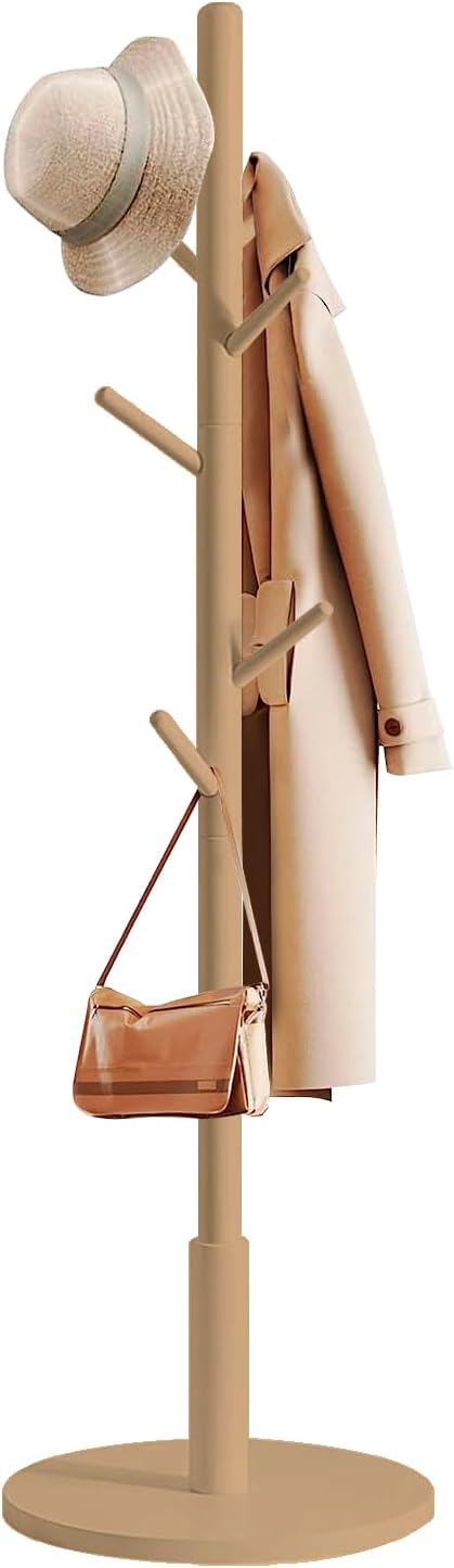 edihome, Coat Stand with Round Base, Freestanding Coat Rack with 8 Hooks, 172 x 38 x 38 cm, Wooden Hall Tree for Coats, Hats, Jackets