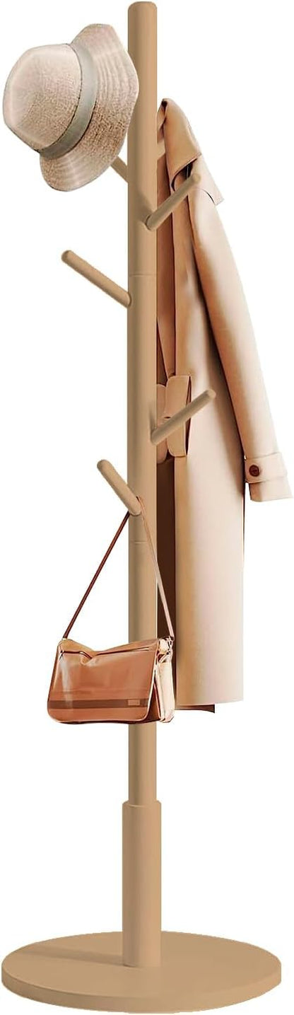 edihome, Coat Stand with Round Base, Freestanding Coat Rack with 8 Hooks, 172 x 38 x 38 cm, Wooden Hall Tree for Coats, Hats, Jackets