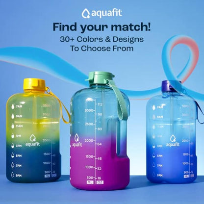 AQUAFIT 4 Litre Water Bottle with Straw - Water Bottle 4L with Time Marker - One Gallon Big Bottle with Straw - Large Bottle For Gym - 2 Lids, Dark Blue