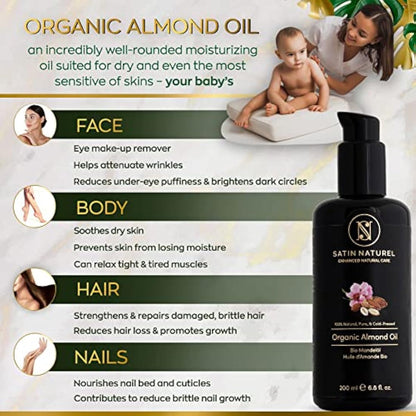 Satin Naturel Organic Almond Oil 200ml – Cold-Pressed, 100% Pure & Natural – Rich in Vitamins for Skin, Hair & Nails – Vegan Natural Cosmetic in Glass Bottle