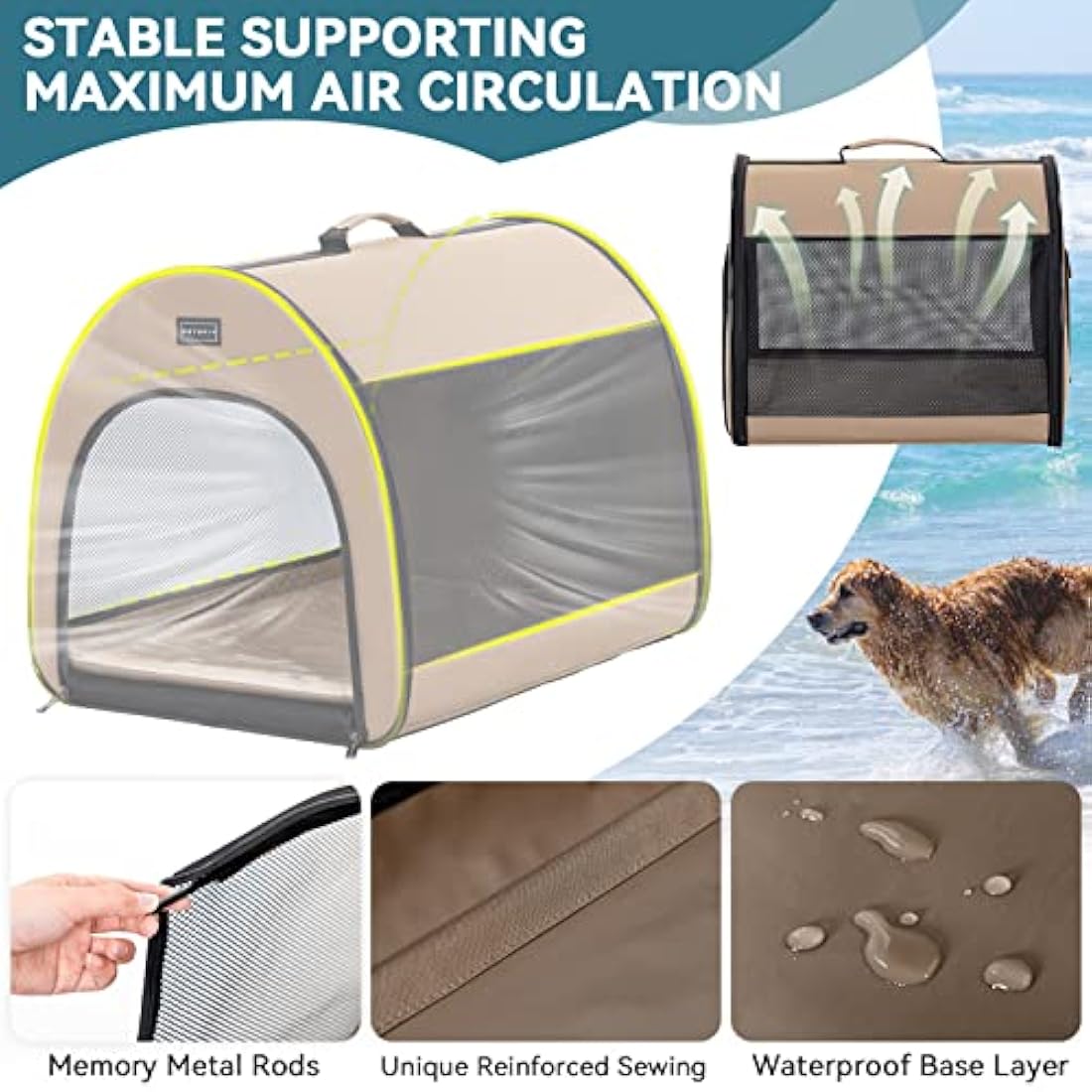 PETSFIT Soft Dog Crate, Cat Travel Carrier- 26.5 Inch Lightweight, Roomy, Easy to Set Up, Portable Pop Up Carrier with Thick Mat, Large Cat Carrier for 2 Cats，Sturdy Soft Sided Dog Crate, Khaki