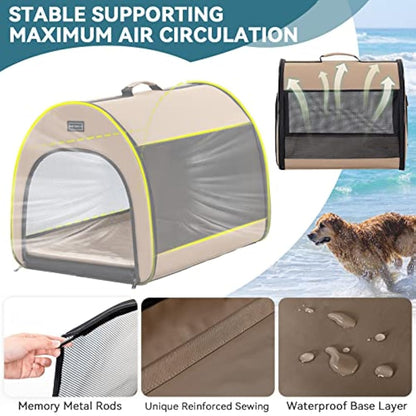 PETSFIT Soft Dog Crate, Cat Travel Carrier- 26.5 Inch Lightweight, Roomy, Easy to Set Up, Portable Pop Up Carrier with Thick Mat, Large Cat Carrier for 2 Cats，Sturdy Soft Sided Dog Crate, Khaki