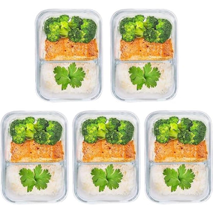 [5-Pack] Food Prep & Storage Glass Containers with Lids - Airtight Glass Meal Prep Containers Reusable (850 Millilitres - 2 Compartment)