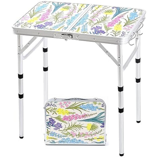Yriuat Folding Camping Table 2ft Portable Pinic Table Adjustable Height Small Card Table Aluminum Foldable Lightweight with Carry Handle for Outdoor Indoor Hiking Camp BBQ Beach (Blooming Floral)
