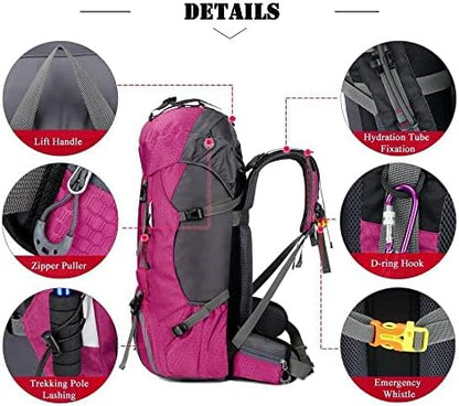 Bseash 60L Waterproof Hiking Camping Backpack with Rain Cover, Lightweight Outdoor Sport Travel Daypack Rucksack for Climbing Skiing