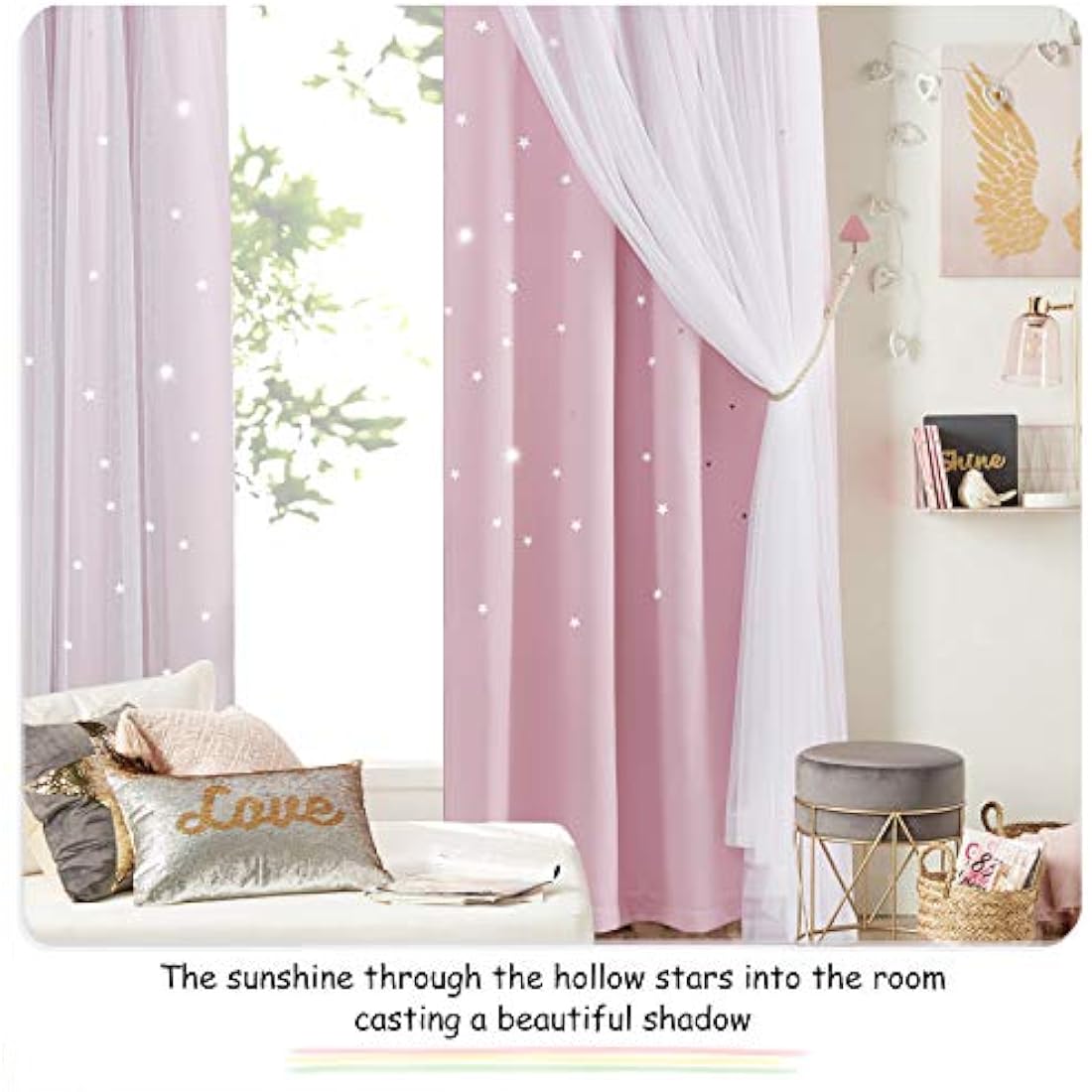 NICETOWN Blackout Curtains for Bedroom - Stars Cut Out Curtains for Kids Nursery Girls Living Room Thermal Curtains Drapery with Eyelet for Windows, 2 Panels, W52 x L63 Inch (132x160 cm), Pink