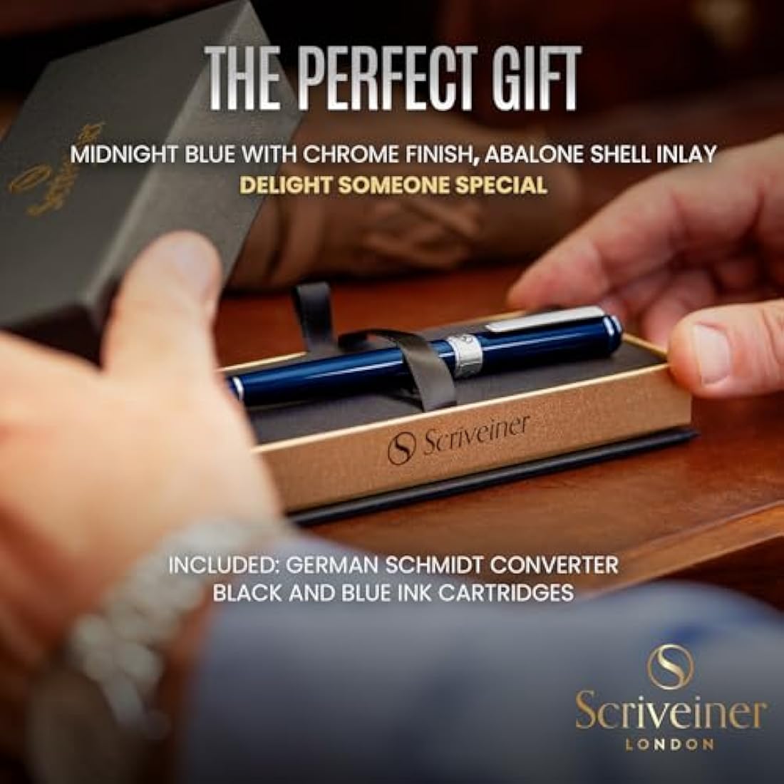 Scriveiner Blue Lacquer Fountain Pen Stunning Pen with Chrome Finish, Schmidt Nib (Fine), Best Pen Gift Set for Men & Women, Professional, Executive, Office, Nice Pens
