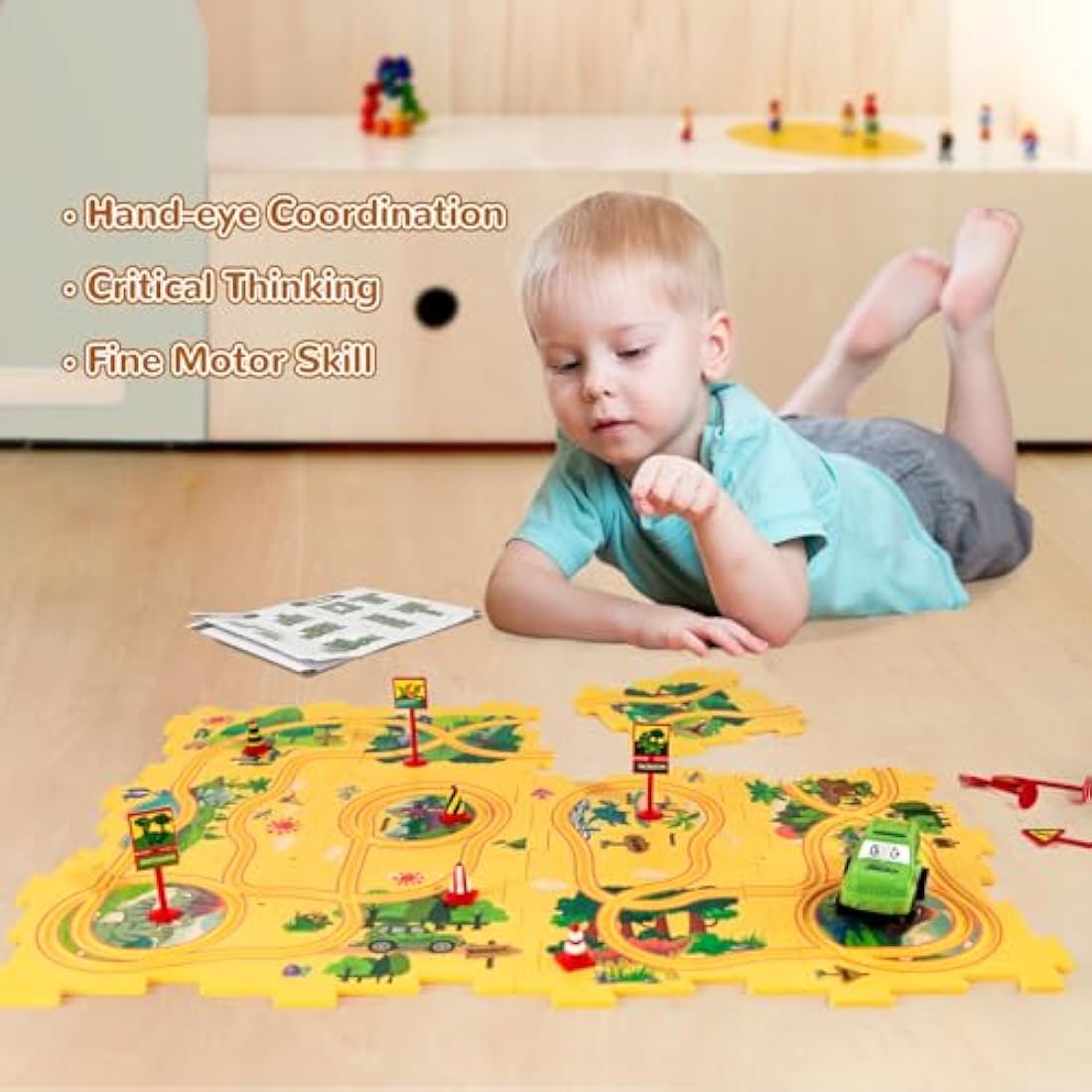 Puzzle Track with Vehicle Playset for Kid Age 3-6, Dinosaur Puzzle with Rail Car Educational Toy Racer Car with Slot Track and Dino Puzzle Gift for Boy Gril 3 4 5 6