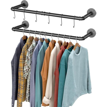 OROPY Industrial Pipe Clothes Bar Rack, Set of 2, 92cm Wall Mounted Detachable Retro Metal Garment Hanging Storage Rail (Double Base)