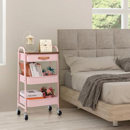 DOEWORKS Storage Trolley on Wheels 3-Tier Metal Trolley Cart with Drawer Rolling Kitchen Trolleys Beauty Trolleys with Leather Handle for Room Bathroom Office, Pink