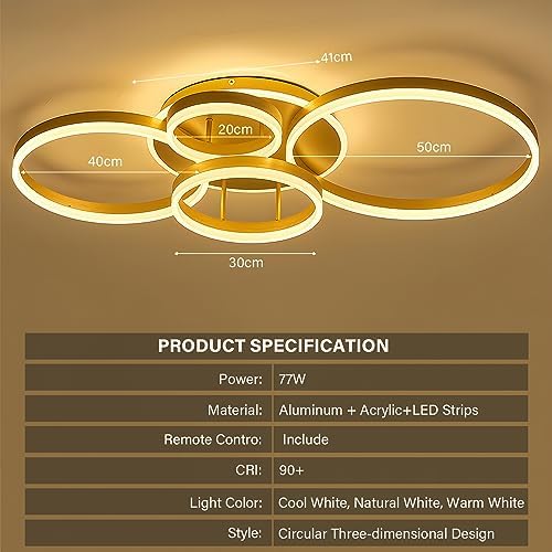 XEMQENER LED Ceiling Light, 77W Dimmable Chandeliers with Color & Brightness Adjustable, Modern LED Ceiling Lamp with Remote & Memory Function for Living Room, Bedroom, Kitchen, Hallway, Office