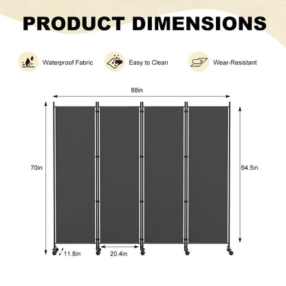 HIDODO 4 Panel Room Divider Folding Privacy Screen, Freestanding Room Partition with Lockable Wheels, Portable Wall Divider for Room Separation