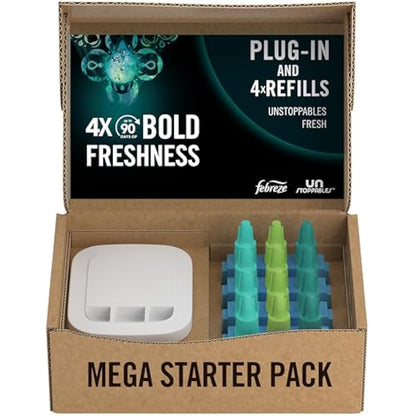 Febreze Unstoppables 3Volution Air Freshener Plug-In Diffuser Starter Kit + 4 Refills, (20mlx4), Febreze 3Volution Refill, Odour Fighter, Fresh
