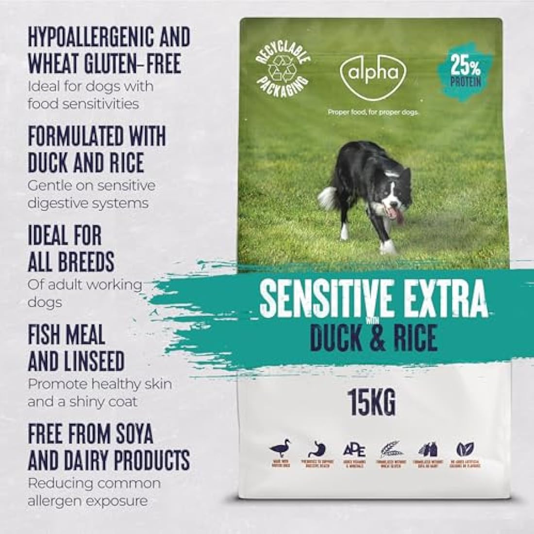 Alpha Sensitive Extra Complete Dry Dog Food Duck and Rice, 15 kg