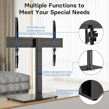 BONTEC Universal Table Top Pedestal TV Stand with Bracket for 32-65 inch LCD/LED/Plasma TVs, Height Adjustable TV stand with Tempered Glass Base & Cable Management, Holds 45 KG & Max.VESA 600x400mm