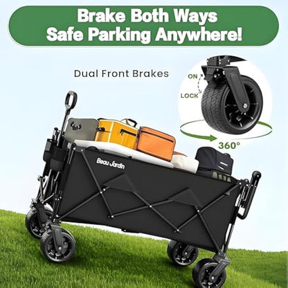 BEAU JARDIN XXL Festival Trolley Beach Cart - 220L 230KG(500LBS) Heavy Duty Folding Wagon All-Terrain Utility Wide Wheels for Camping & Shopping | Push & Pull Handle | Portable Collapsible | Black