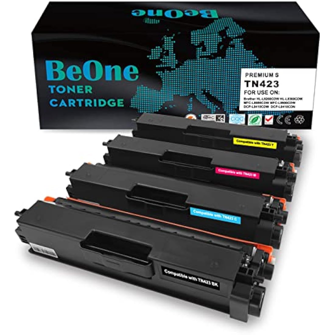 BeOne 4X TN423 TN421 TN-423 TN-421 Toner Cartridges Compatible for Brother HL-L8260CDW HL-L8360CDW MFC-L8690CDW MFC-L8900CDW DCP-L8410CDW Printers (BK/C/M/Y)