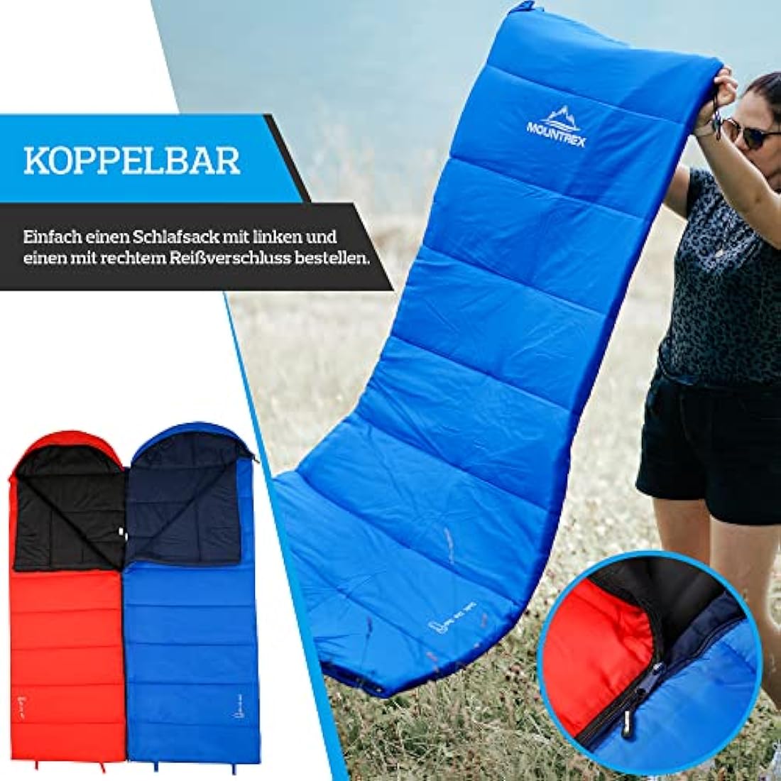 MOUNTREX® Sleeping Bag for Camping & Outdoor - Blanket Sleeping Bag (205 x 75 cm) - 3 Seasons - Lightweight, Warm & Soft (1.6 kg) - Adults, Men and Women - Can be Connected (Zip - Right, Blue)