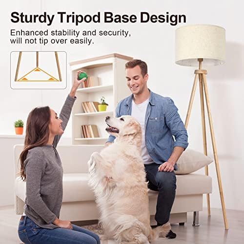OUTON Solid Wooden Tripod Floor Lamp, Dimmable LED Standing Lamp with Remote Control & 4 Color Temperatures, 1H Timer, Floor Lamp with Linen Shade for Living Room Bedroom(Blub Included), Wood