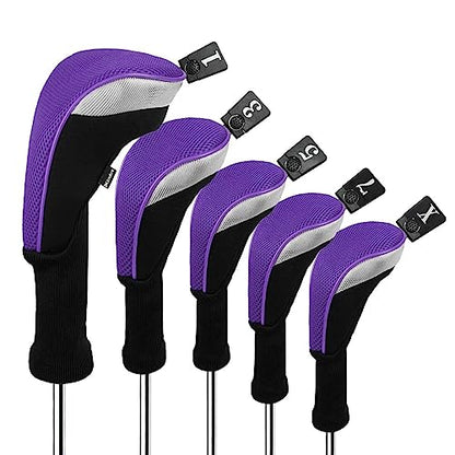 Andux 5pcs/Set Golf 460cc Driver Fairway Wood Club Head Covers Long Neck Black/Purple