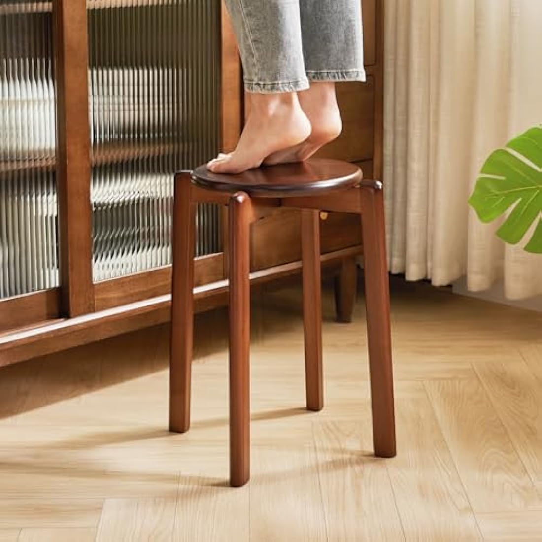 YMYNY Solid Wood Round Stools (Set of 4) | Stackable Vanity Stool