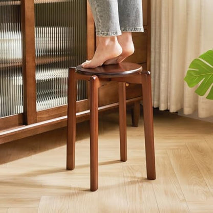 YMYNY Solid Wood Round Stools (Set of 4) | Stackable Vanity Stool