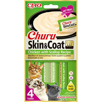 Churu Skin & Coat by INABA Cat Treat - Chicken with Scallop - 12 Packs (48 x 14g total) / Soft & Creamy Treat, Delicious & Healthy Snack, Purée Food Topper, Natural, Grain Free