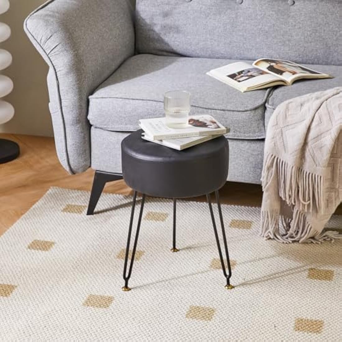 IBUYKE Faux Leather Round Footrest Stool, Makeup Vanity Stool Side Table, PU Dressing Table Seat, Pouf Couch Stool, Golden Steel Legs, Black L/G-31B