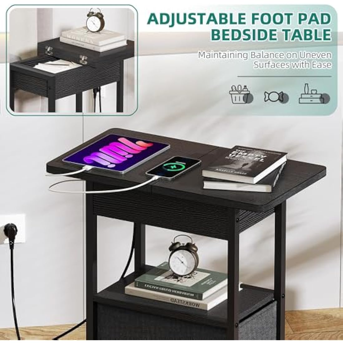 YITAHOME Narrow Side Table with Charging Station, Black Slim Side Table with Storage End Table with Drawers, Bedside Table with USB Ports Outlets Sofa Table Nightstand for Living Room, Bedroom